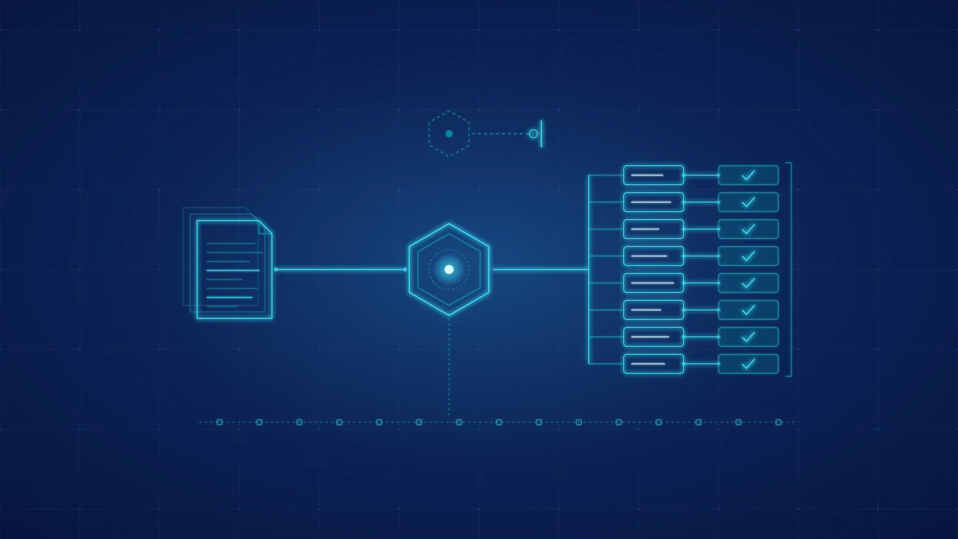 Abstract schematic of a stack of documents feeding a glowing hexagonal model node; its eight answers run to the right, each tied to a hand-checked reference cell with a tick, while a dimmer dashed node above is held at a gate and a quiet line of record entries runs underneath.