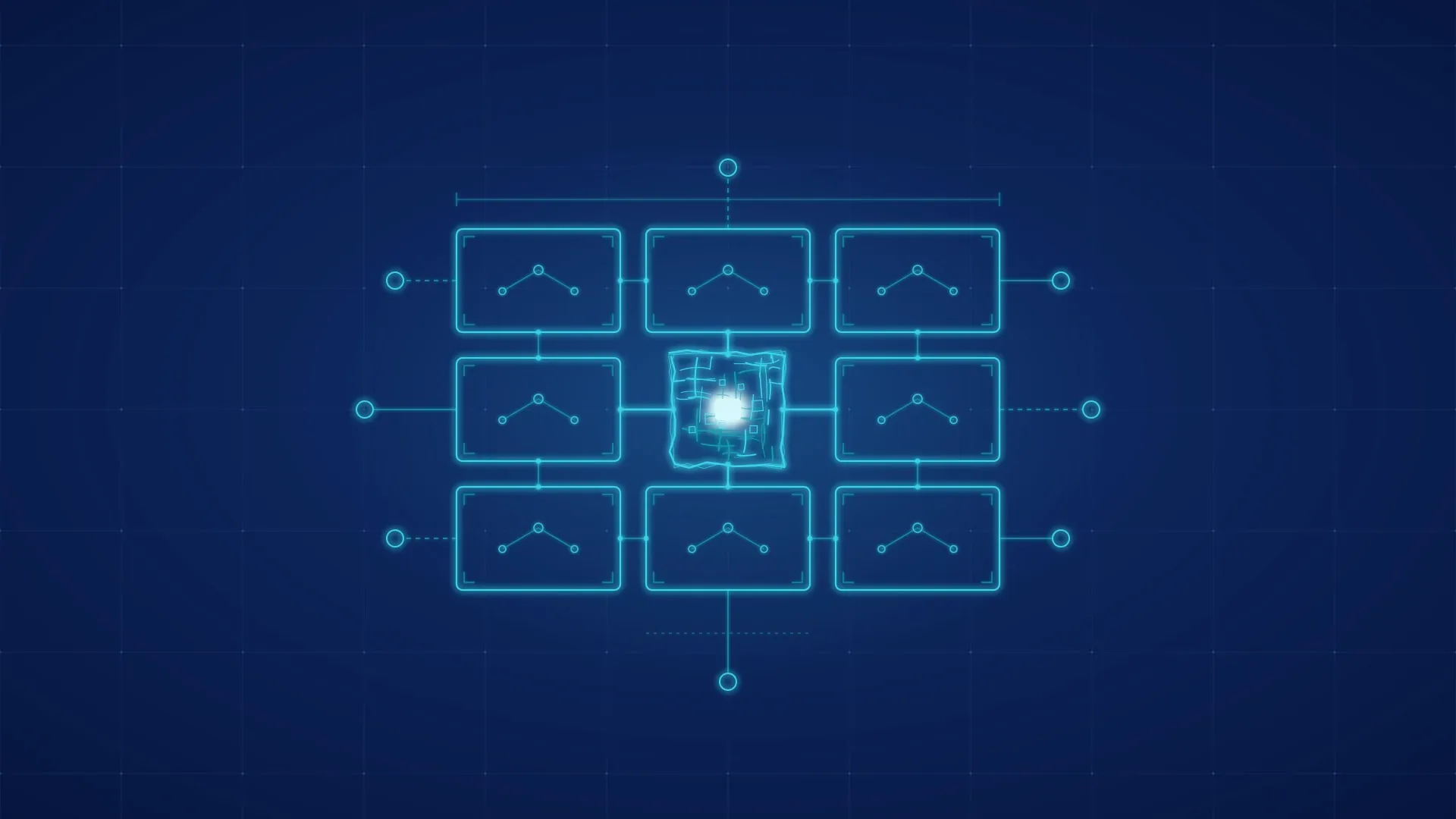 Abstract diagram of a small, densely hand-drawn glowing core at the centre, surrounded by a larger, precise framework of separate modules joined by thin connectors, with open sockets on the outer edge.