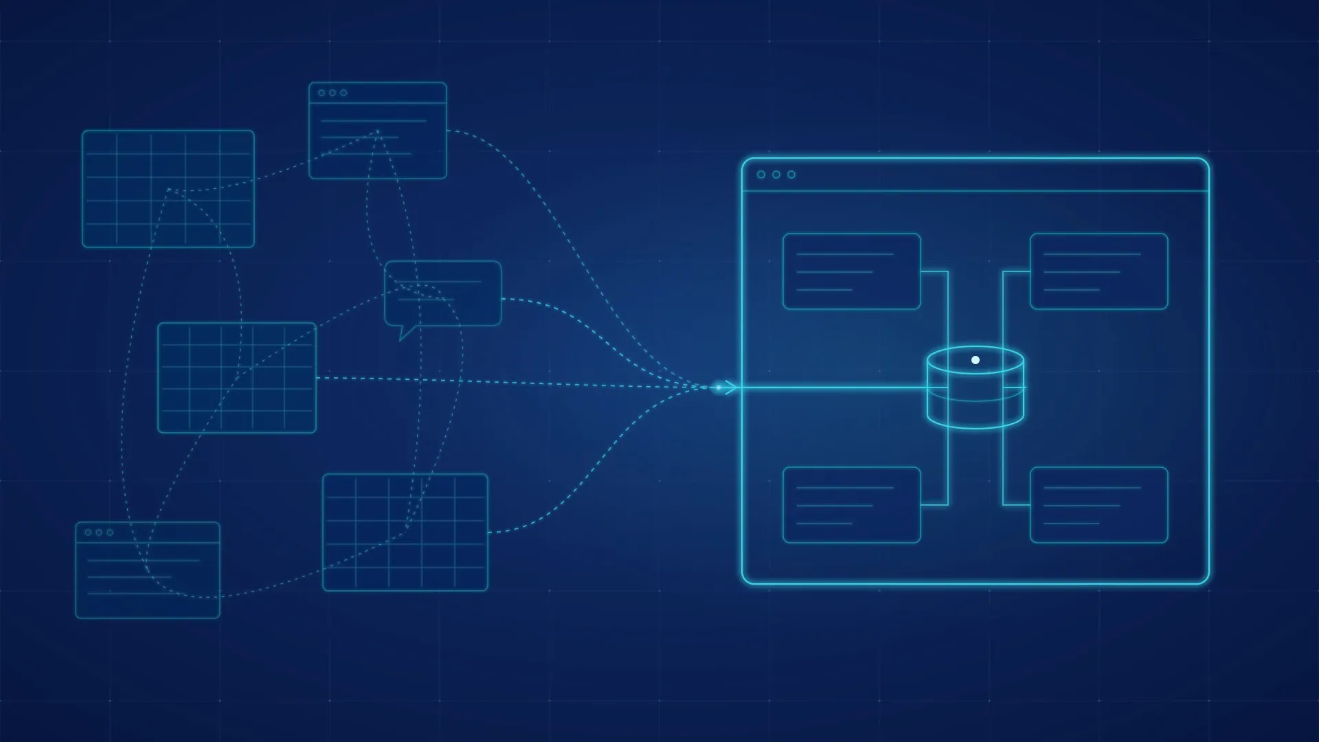 Abstract schematic: on the left, scattered spreadsheet grids, small tool windows and a chat bubble joined by tangled dashed lines; the lines converge on a single entry point into one application on the right, where four ordered modules connect to one shared data store.